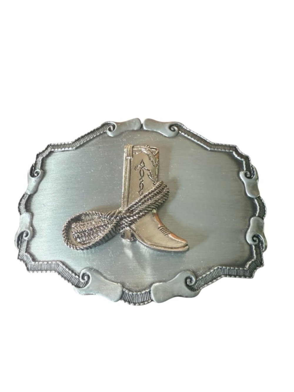 Vintage 1978 Cowboy Boot & Lasso Ornate Belt Buckle Pewter Silver Raintree USA